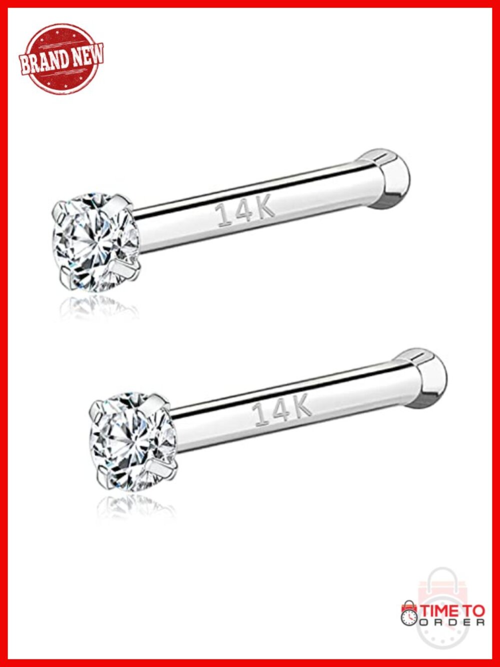 14K White Gold Nose Ring Studs 20g CZ Simulated Diamond Piercing Jewelry